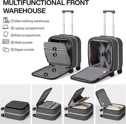 Carry On Luggage, 20'' Suitcase with Front Pocket, Travel Rolling Luggage Aluminum Frame PC Hardside with Spinner Wheels & TSA Lock and Cover - Blackish Green
