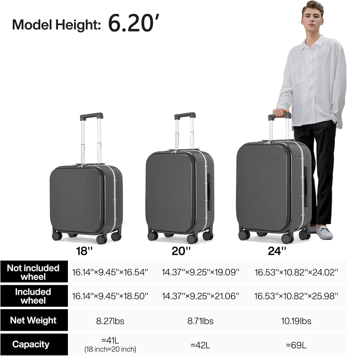 Carry On Luggage, 20'' Suitcase with Front Pocket, Travel Rolling Luggage Aluminum Frame PC Hardside with Spinner Wheels & TSA Lock and Cover - Blackish Green