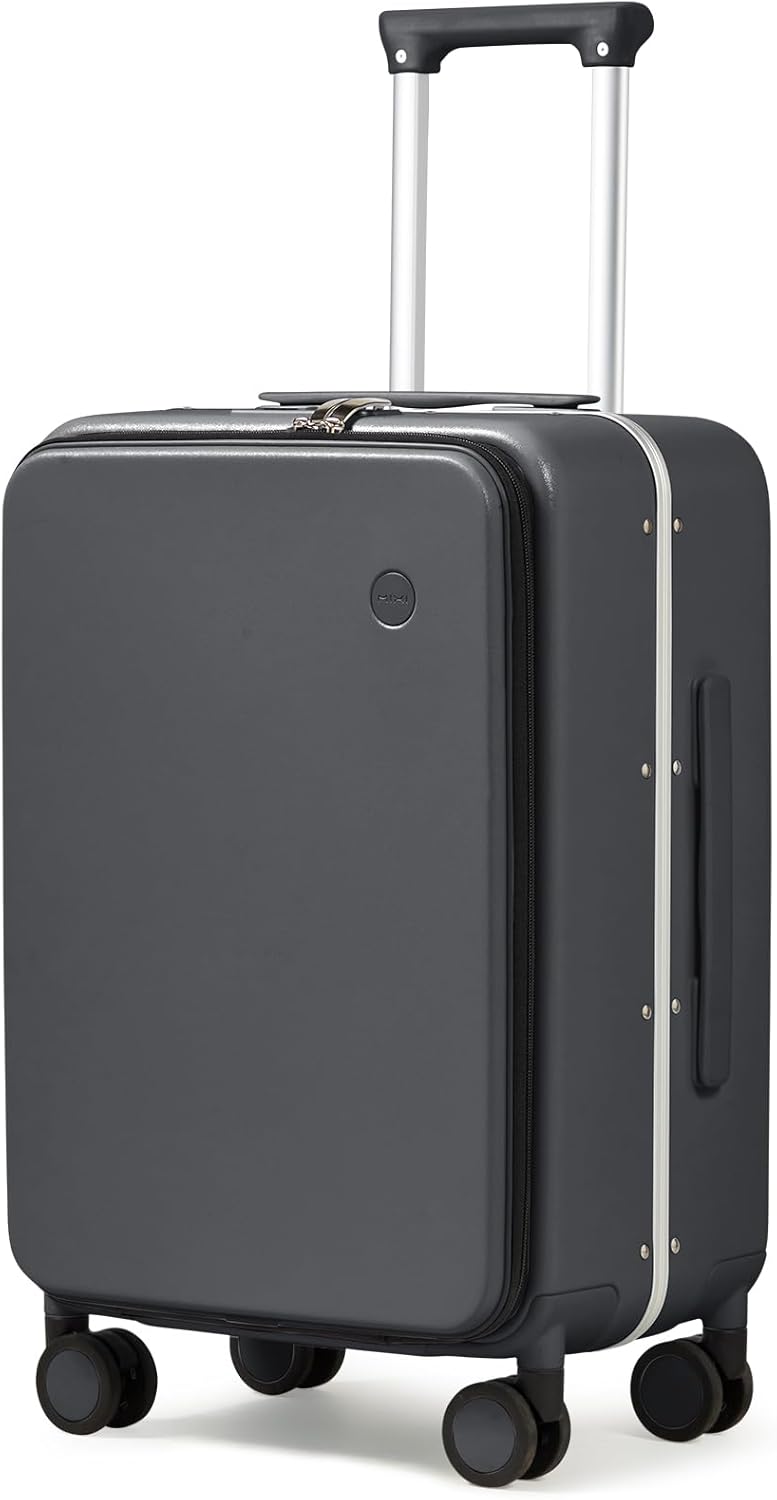 Carry On Luggage, 20'' Suitcase with Front Pocket, Travel Rolling Luggage Aluminum Frame PC Hardside with Spinner Wheels & TSA Lock and Cover - Blackish Green