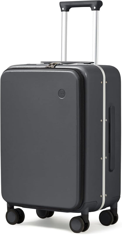 Carry On Luggage, 20'' Suitcase with Front Pocket, Travel Rolling Luggage Aluminum Frame PC Hardside with Spinner Wheels & TSA Lock and Cover - Blackish Green