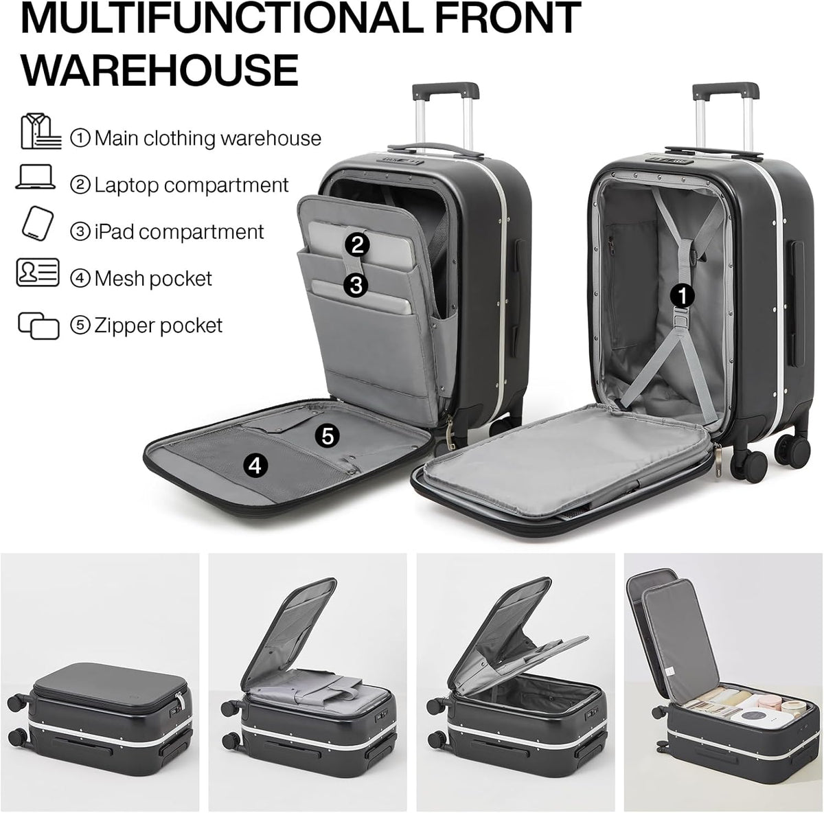 Carry On Luggage, 20'' Suitcase with Front Pocket, Travel Rolling Luggage Aluminum Frame PC Hardside with Spinner Wheels & TSA Lock and Cover - Blackish Green