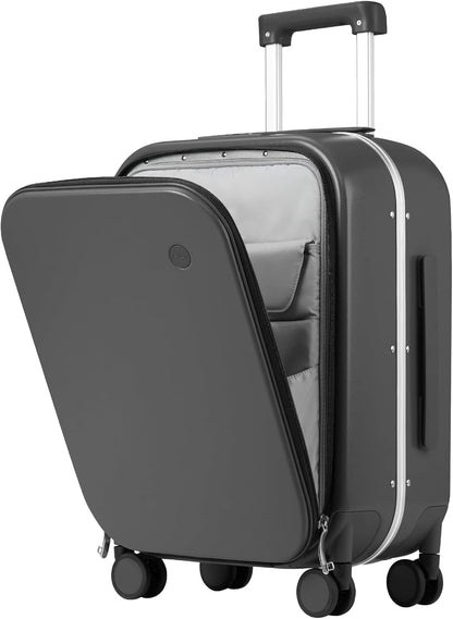 Carry On Luggage, 20'' Suitcase with Front Pocket, Travel Rolling Luggage Aluminum Frame PC Hardside with Spinner Wheels & TSA Lock and Cover - Blackish Green