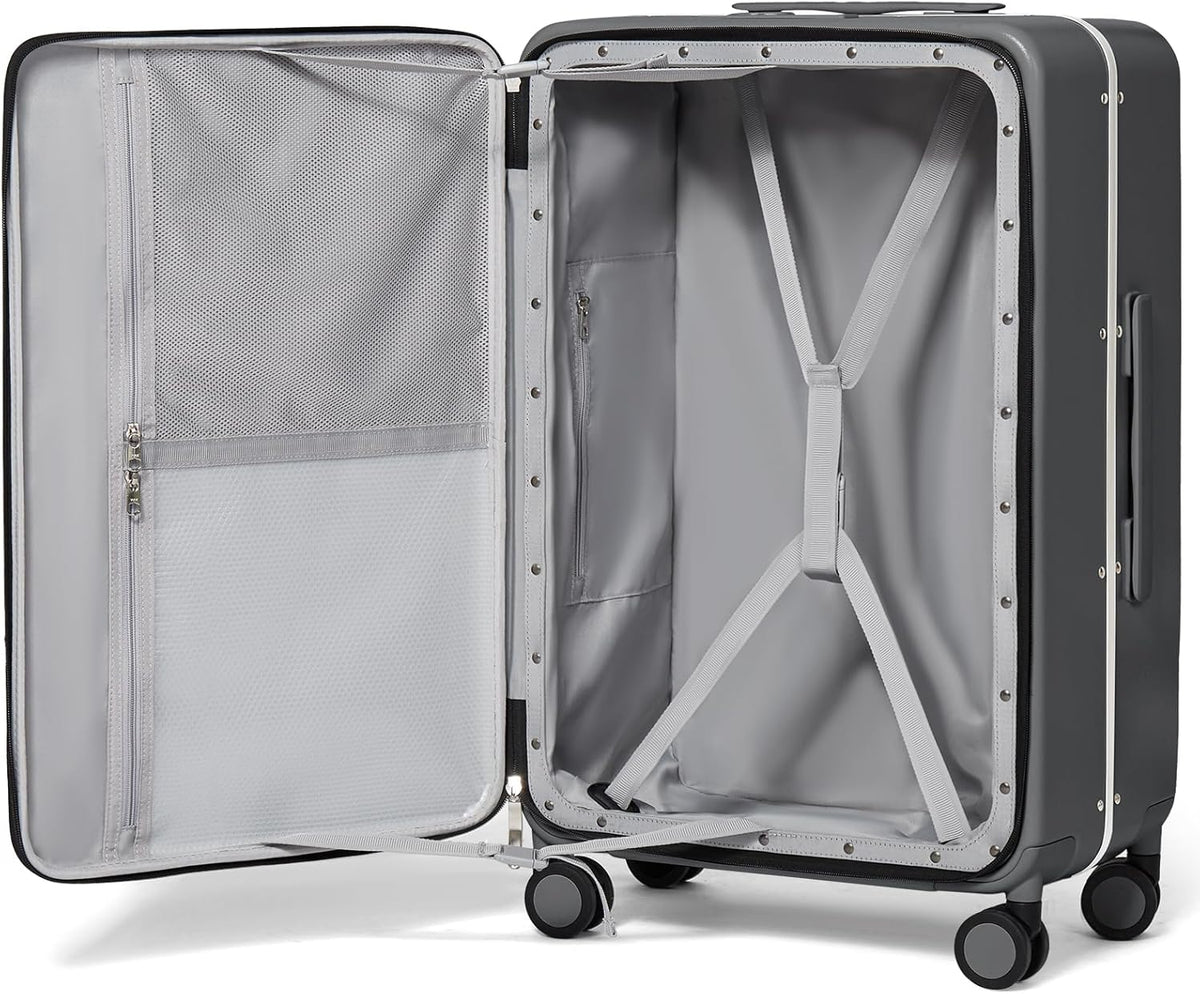 Carry On Luggage, 20'' Suitcase with Front Pocket, Travel Rolling Luggage Aluminum Frame PC Hardside with Spinner Wheels & TSA Lock and Cover - Blackish Green