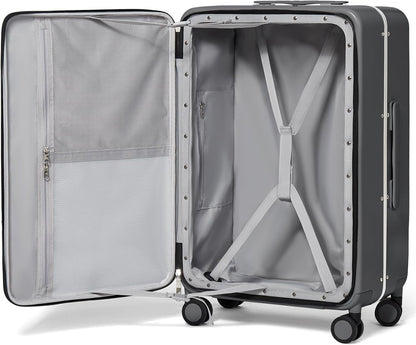 Carry On Luggage, 20'' Suitcase with Front Pocket, Travel Rolling Luggage Aluminum Frame PC Hardside with Spinner Wheels & TSA Lock and Cover - Blackish Green