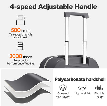 Carry On Luggage, 20'' Suitcase with Front Pocket, Travel Rolling Luggage Aluminum Frame PC Hardside with Spinner Wheels & TSA Lock and Cover - Blackish Green