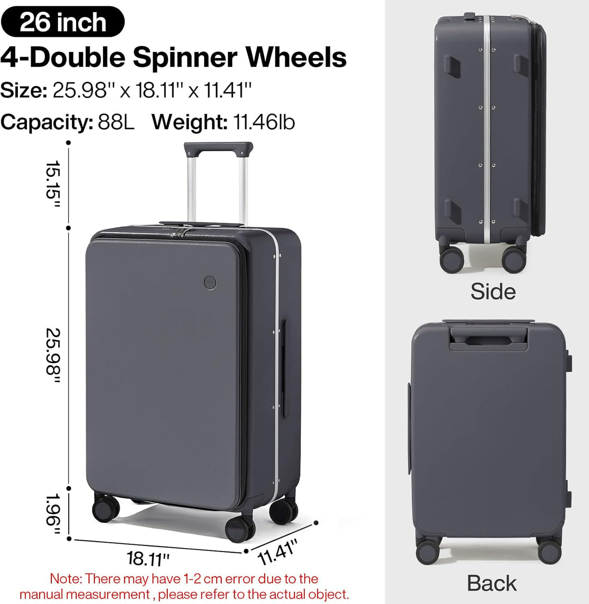 Carry On Luggage, 20'' Suitcase with Front Pocket, Travel Rolling Luggage Aluminum Frame PC Hardside with Spinner Wheels & TSA Lock and Cover - Blackish Green