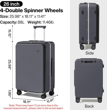 Carry On Luggage, 20'' Suitcase with Front Pocket, Travel Rolling Luggage Aluminum Frame PC Hardside with Spinner Wheels & TSA Lock and Cover - Blackish Green