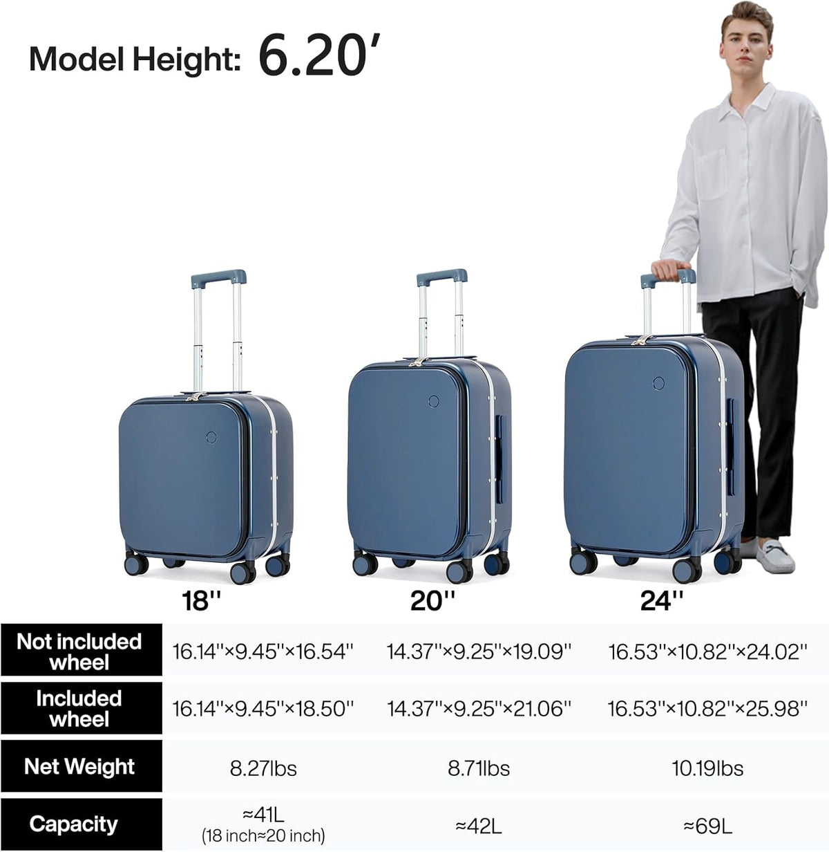 Carry On Luggage, 20'' Suitcase with Front Pocket, Travel Rolling Luggage Aluminum Frame PC Hardside with Spinner Wheels & TSA Lock and Cover - Blackish Green