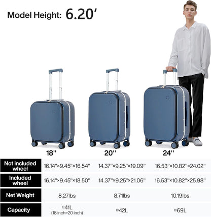Carry On Luggage, 20'' Suitcase with Front Pocket, Travel Rolling Luggage Aluminum Frame PC Hardside with Spinner Wheels & TSA Lock and Cover - Blackish Green