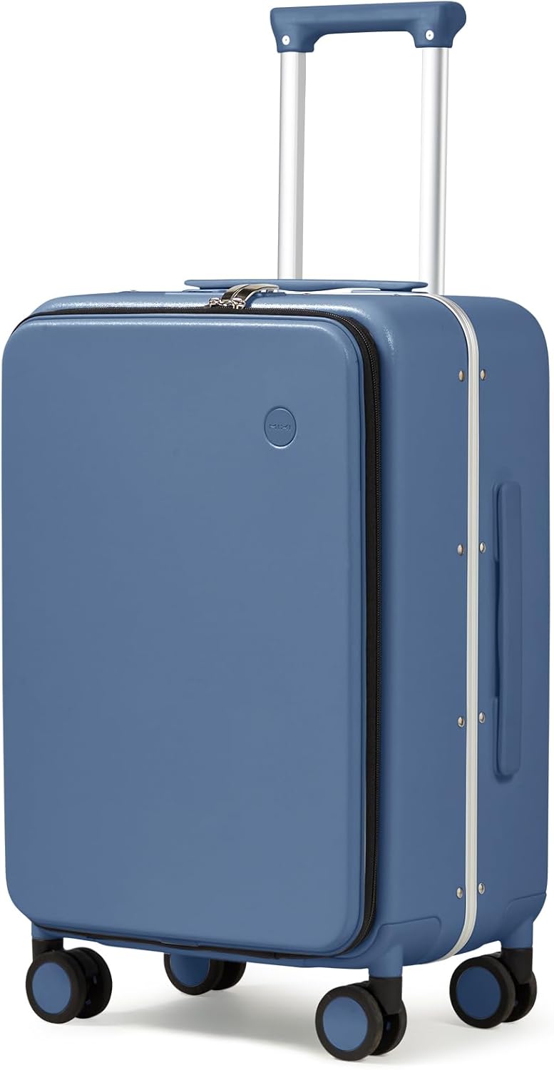 Carry On Luggage, 20'' Suitcase with Front Pocket, Travel Rolling Luggage Aluminum Frame PC Hardside with Spinner Wheels & TSA Lock and Cover - Blackish Green