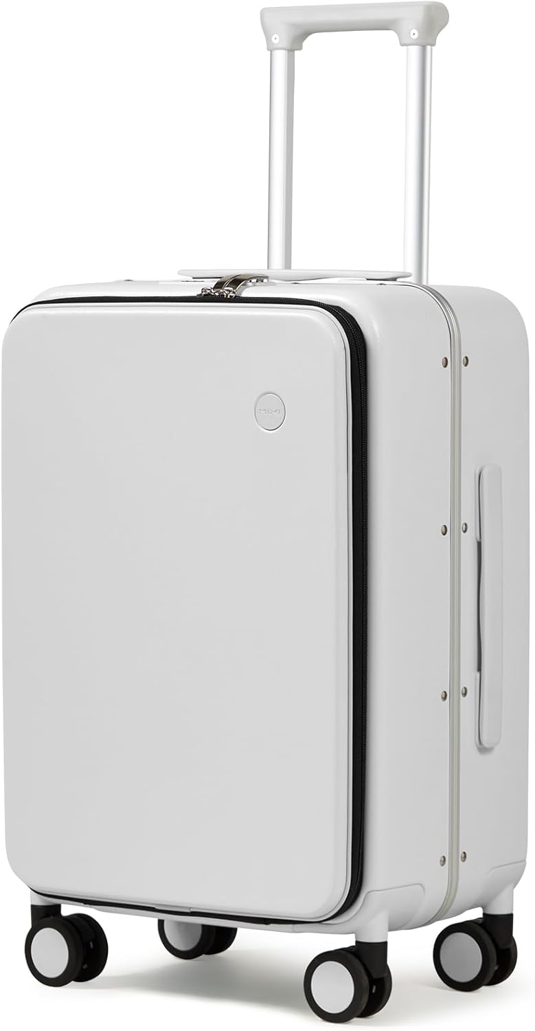 Carry On Luggage, 20'' Suitcase with Front Pocket, Travel Rolling Luggage Aluminum Frame PC Hardside with Spinner Wheels & TSA Lock and Cover - Blackish Green