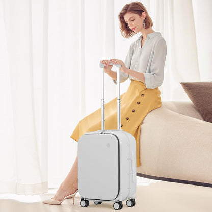 Carry On Luggage, 20'' Suitcase with Front Pocket, Travel Rolling Luggage Aluminum Frame PC Hardside with Spinner Wheels & TSA Lock and Cover - Blackish Green
