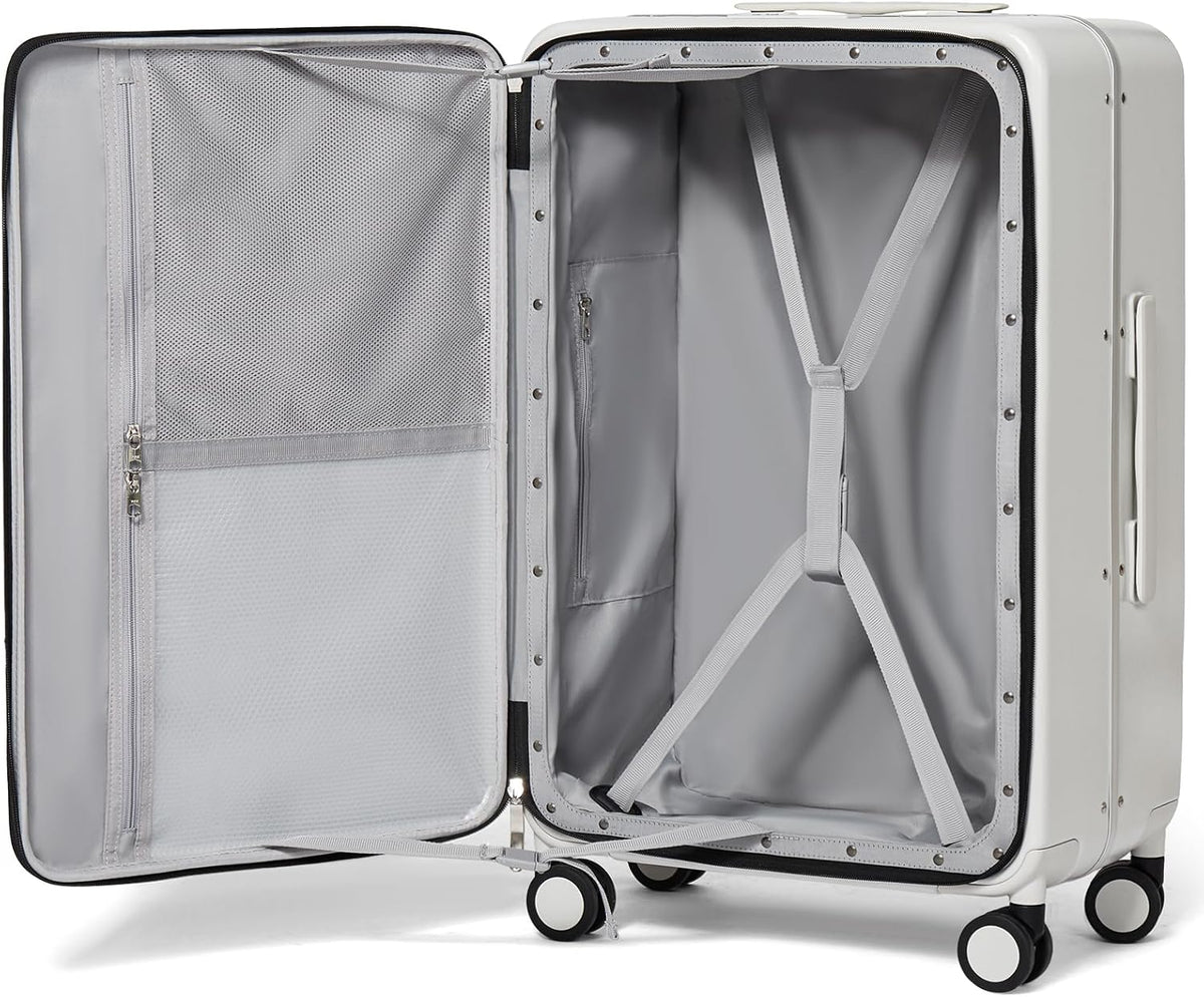 Carry On Luggage, 20'' Suitcase with Front Pocket, Travel Rolling Luggage Aluminum Frame PC Hardside with Spinner Wheels & TSA Lock and Cover - Blackish Green