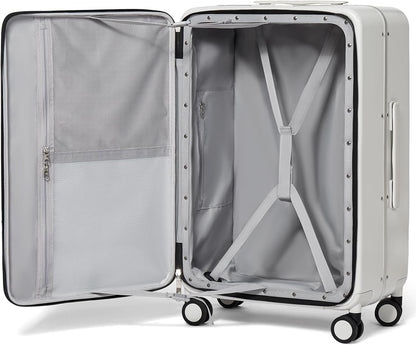 Carry On Luggage, 20'' Suitcase with Front Pocket, Travel Rolling Luggage Aluminum Frame PC Hardside with Spinner Wheels & TSA Lock and Cover - Blackish Green