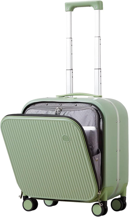 Carry On Luggage, 20'' Suitcase with Front Pocket, Travel Rolling Luggage Aluminum Frame PC Hardside with Spinner Wheels & TSA Lock and Cover - Blackish Green