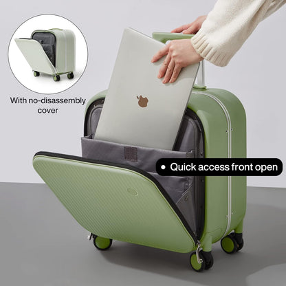 Carry On Luggage, 20'' Suitcase with Front Pocket, Travel Rolling Luggage Aluminum Frame PC Hardside with Spinner Wheels & TSA Lock and Cover - Blackish Green