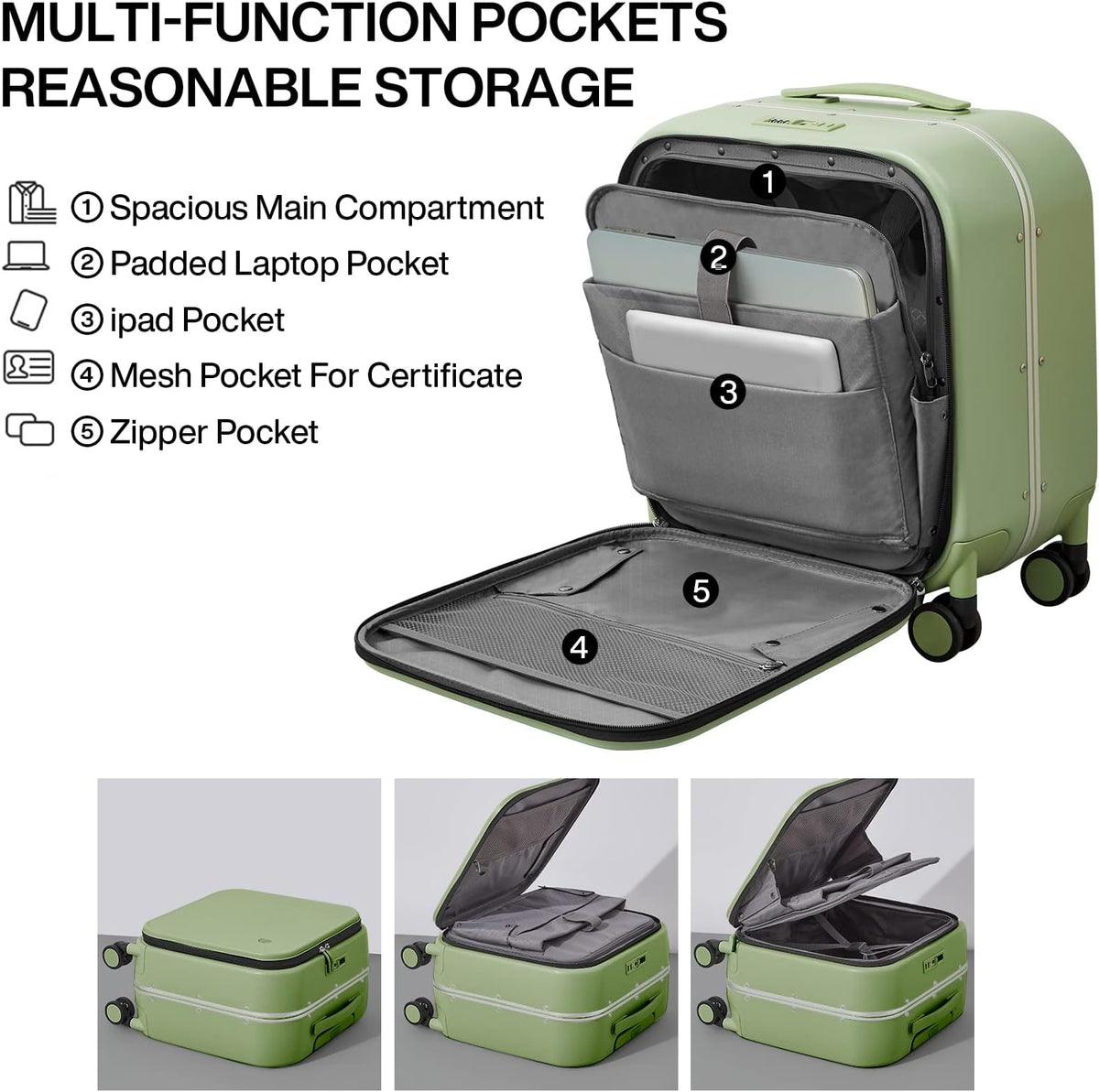 Carry On Luggage, 20'' Suitcase with Front Pocket, Travel Rolling Luggage Aluminum Frame PC Hardside with Spinner Wheels & TSA Lock and Cover - Blackish Green
