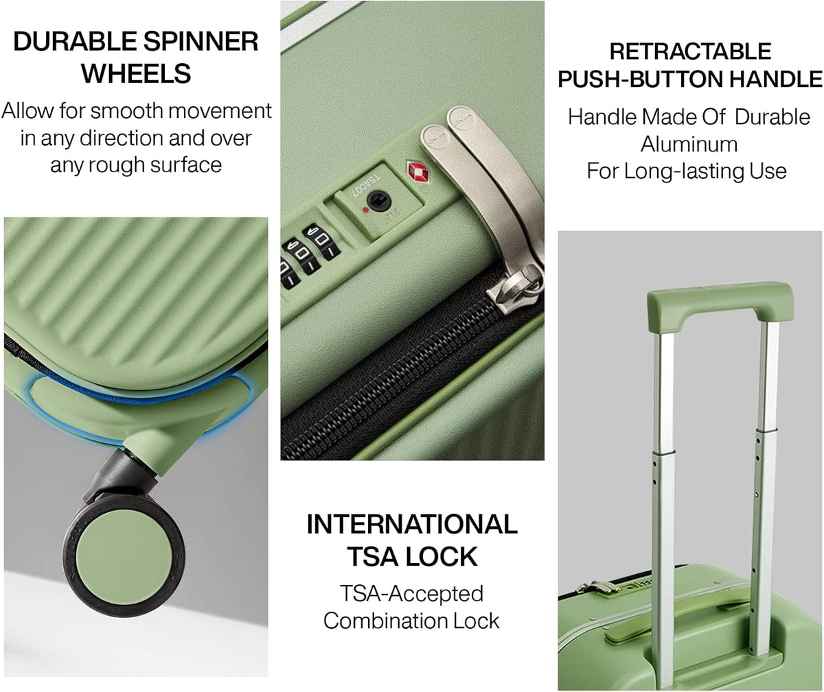 Carry On Luggage, 20'' Suitcase with Front Pocket, Travel Rolling Luggage Aluminum Frame PC Hardside with Spinner Wheels & TSA Lock and Cover - Blackish Green