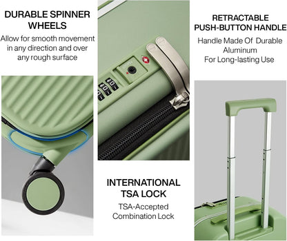 Carry On Luggage, 20'' Suitcase with Front Pocket, Travel Rolling Luggage Aluminum Frame PC Hardside with Spinner Wheels & TSA Lock and Cover - Blackish Green