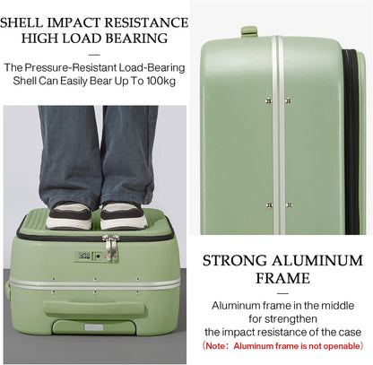Carry On Luggage, 20'' Suitcase with Front Pocket, Travel Rolling Luggage Aluminum Frame PC Hardside with Spinner Wheels & TSA Lock and Cover - Blackish Green