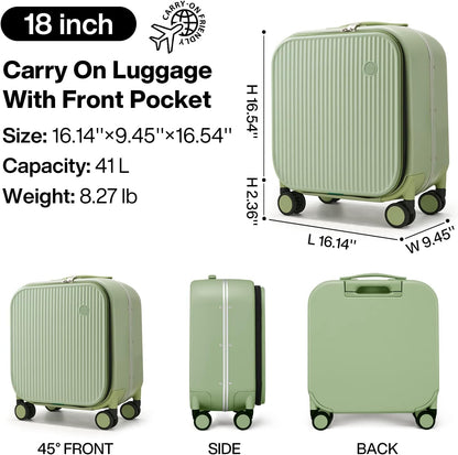 Carry On Luggage, 20'' Suitcase with Front Pocket, Travel Rolling Luggage Aluminum Frame PC Hardside with Spinner Wheels & TSA Lock and Cover - Blackish Green