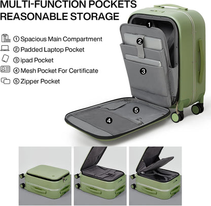 Carry On Luggage, 20'' Suitcase with Front Pocket, Travel Rolling Luggage Aluminum Frame PC Hardside with Spinner Wheels & TSA Lock and Cover - Blackish Green