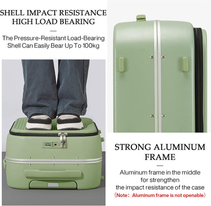 Carry On Luggage, 20'' Suitcase with Front Pocket, Travel Rolling Luggage Aluminum Frame PC Hardside with Spinner Wheels & TSA Lock and Cover - Blackish Green