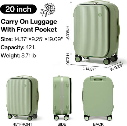 Carry On Luggage, 20'' Suitcase with Front Pocket, Travel Rolling Luggage Aluminum Frame PC Hardside with Spinner Wheels & TSA Lock and Cover - Blackish Green