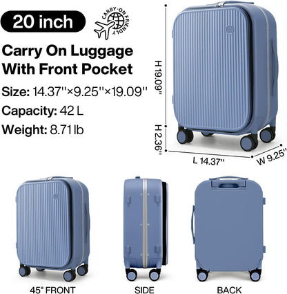 Carry On Luggage, 20'' Suitcase with Front Pocket, Travel Rolling Luggage Aluminum Frame PC Hardside with Spinner Wheels & TSA Lock and Cover - Blackish Green