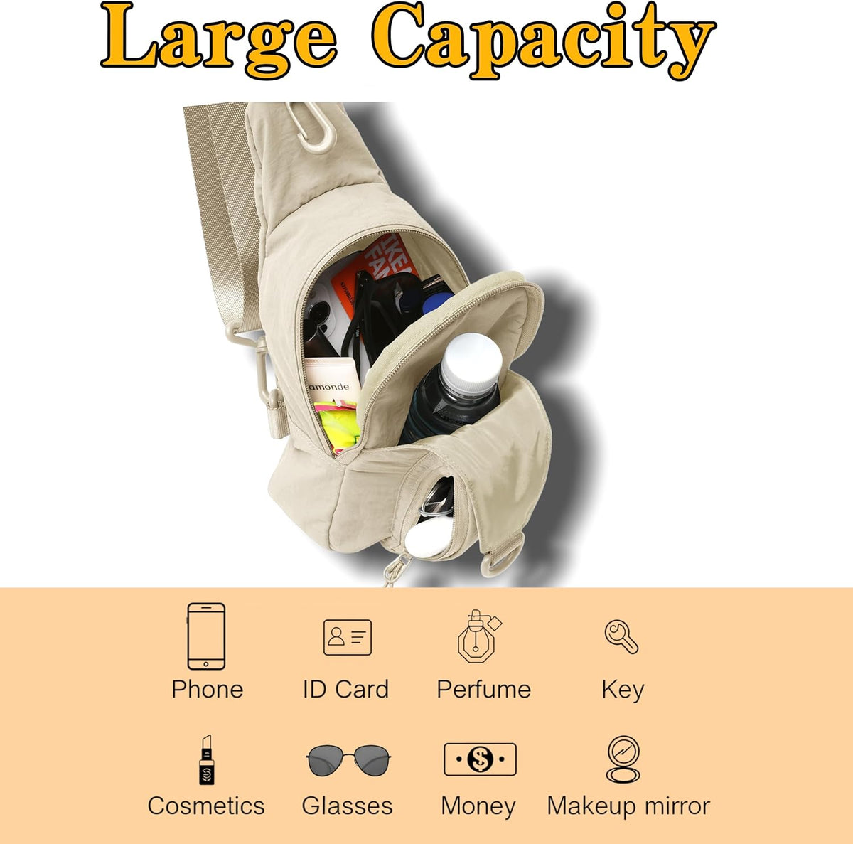 Versatile Daily Sling Bag - Adjustable Straps Crossbody Chest Bag, Lightweight Compact Small Backpack for Casual Use, Traveling, Hiking & Outdoor Adventures (Beige)