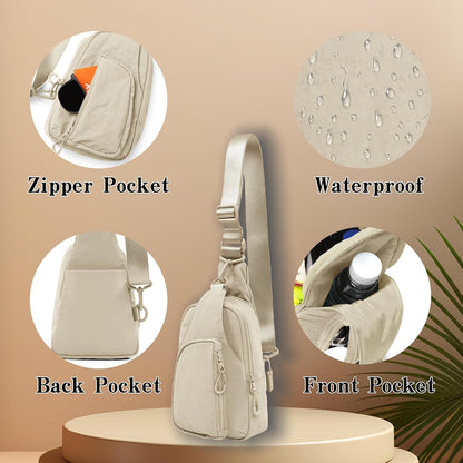 Versatile Daily Sling Bag - Adjustable Straps Crossbody Chest Bag, Lightweight Compact Small Backpack for Casual Use, Traveling, Hiking & Outdoor Adventures (Beige)