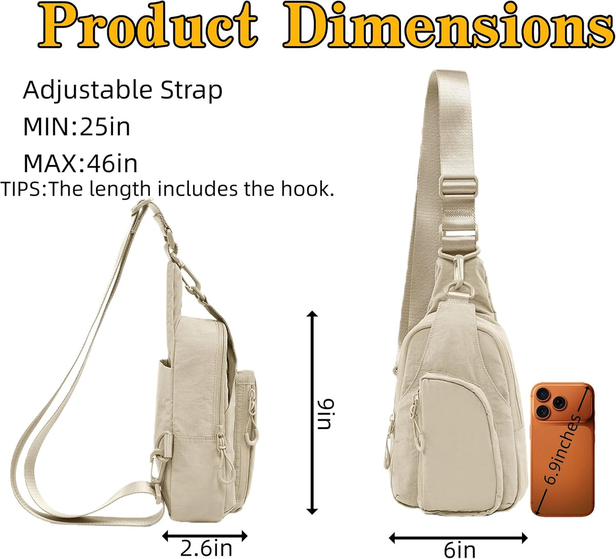 Versatile Daily Sling Bag - Adjustable Straps Crossbody Chest Bag, Lightweight Compact Small Backpack for Casual Use, Traveling, Hiking & Outdoor Adventures (Beige)