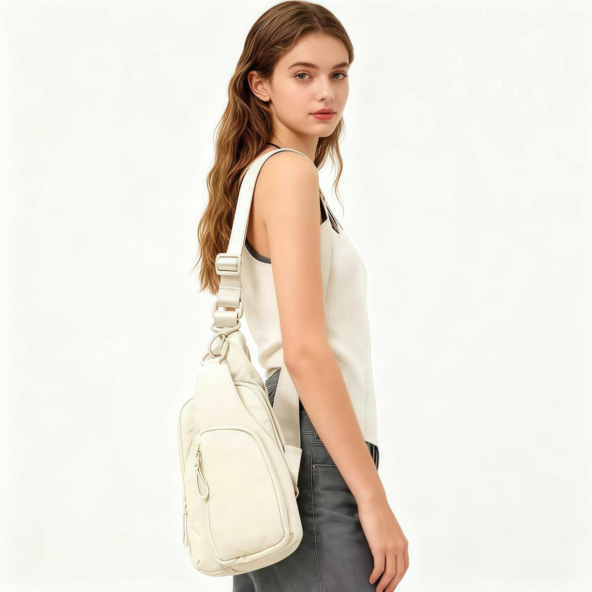 Versatile Daily Sling Bag - Adjustable Straps Crossbody Chest Bag, Lightweight Compact Small Backpack for Casual Use, Traveling, Hiking & Outdoor Adventures (Beige)