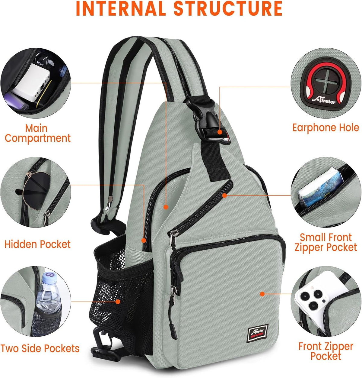 Crossbody Sling Backpack Men and Women Sling Bag Shoulder Backpack Travel Hiking Chest Bag Daypack (Grey)