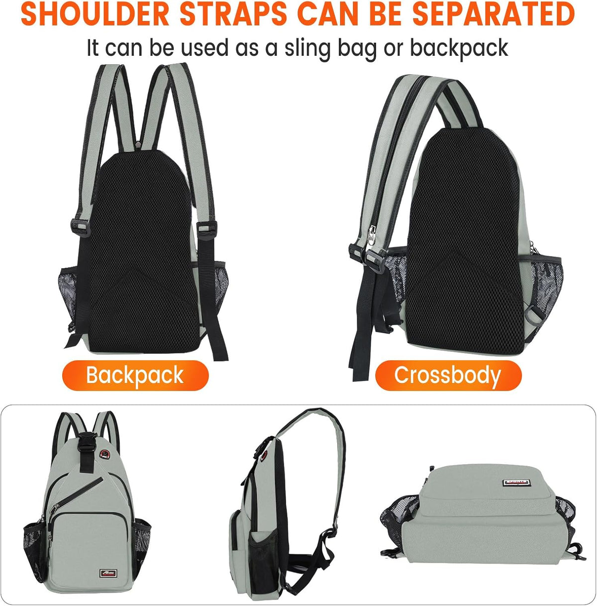 Crossbody Sling Backpack Men and Women Sling Bag Shoulder Backpack Travel Hiking Chest Bag Daypack (Grey)