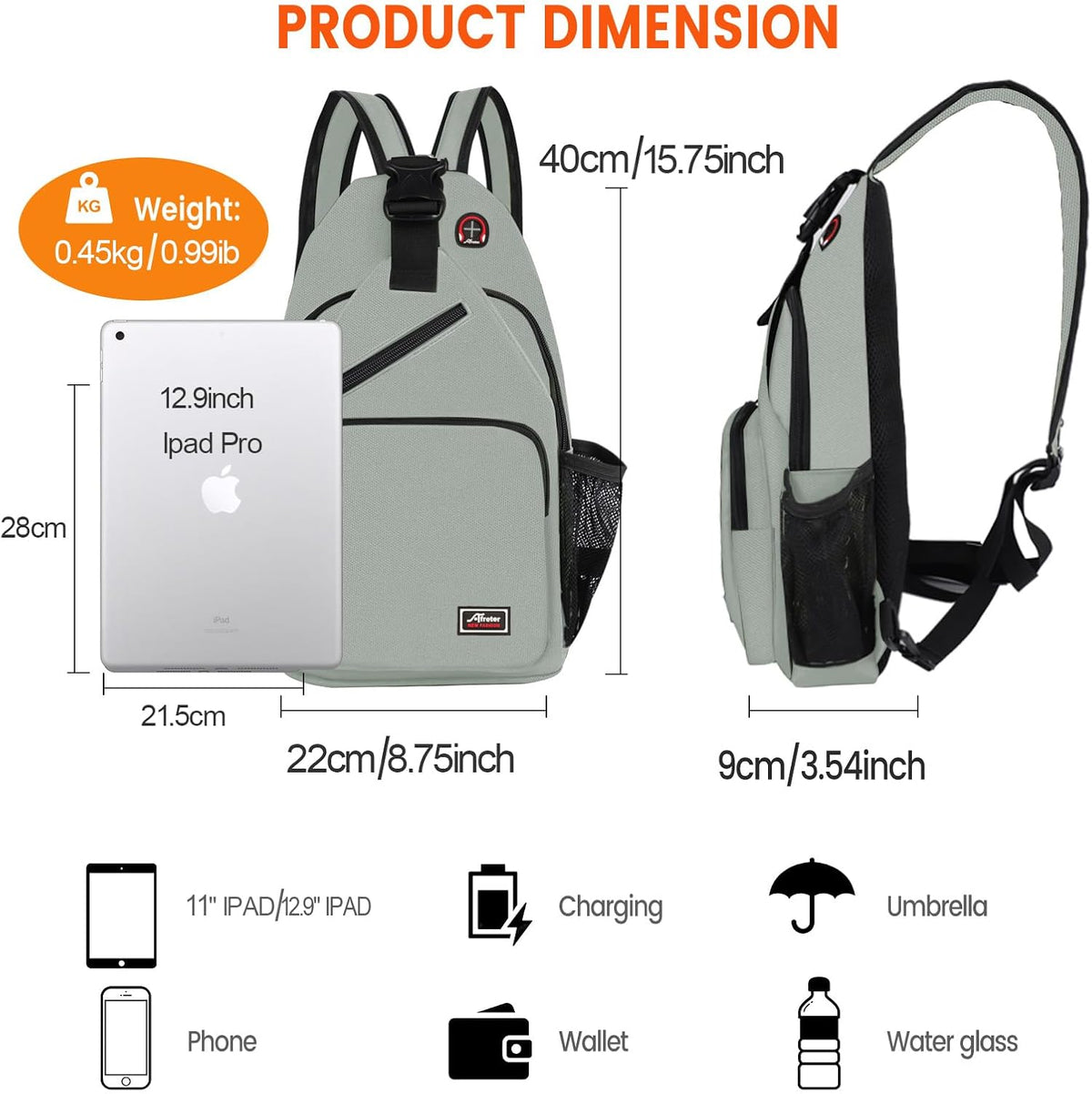 Crossbody Sling Backpack Men and Women Sling Bag Shoulder Backpack Travel Hiking Chest Bag Daypack (Grey)