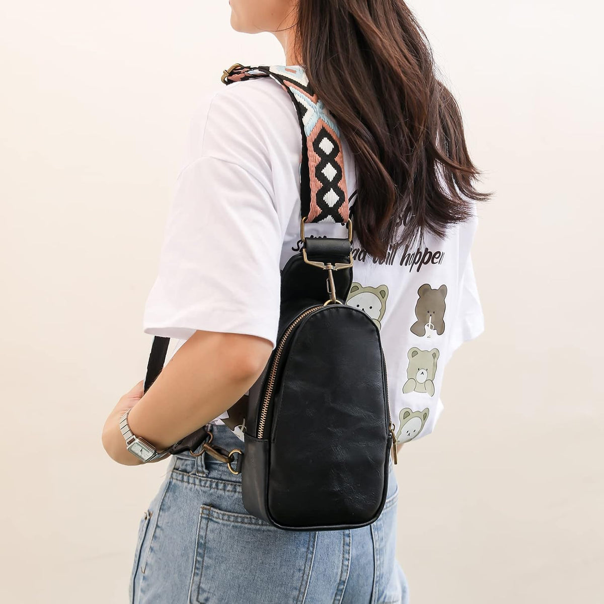 Sling Bag for Women Chest Bag Small Crossbody Bag PU Leather Satchel Daypack Shoulder Backpack for Traveling Hiking