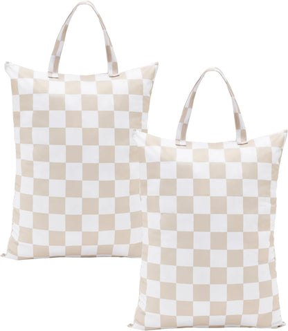 Checkered 2 Pcs Large Travel Laundry Bags for Dirty Clothes, Aesthetic Trendy Waterproof Washable Laundry Bag with Handle for Travel, Gym, Swimming Pool, Beige