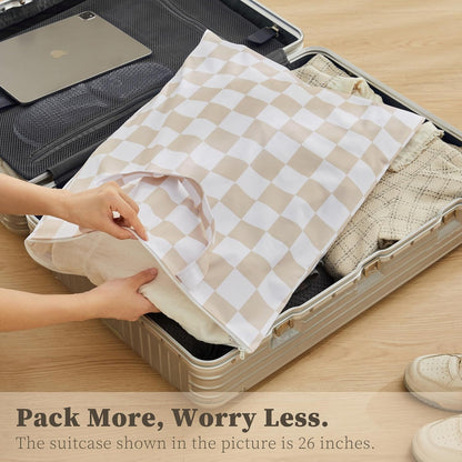 Checkered 2 Pcs Large Travel Laundry Bags for Dirty Clothes, Aesthetic Trendy Waterproof Washable Laundry Bag with Handle for Travel, Gym, Swimming Pool, Beige