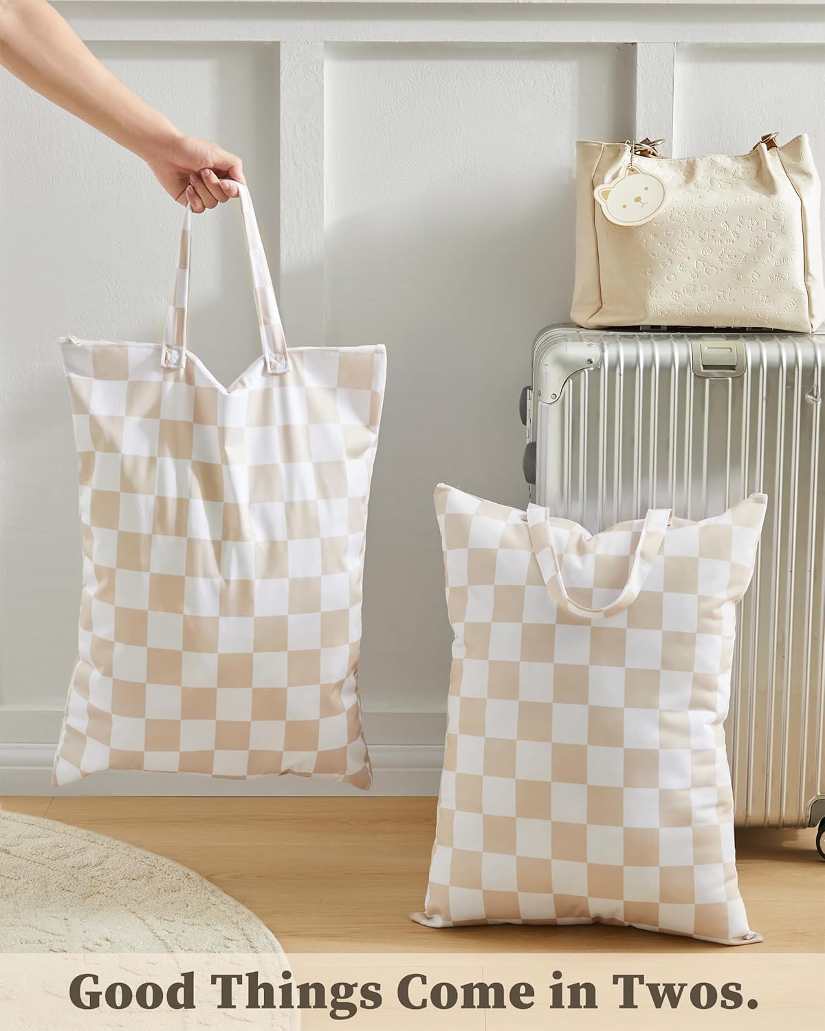 Checkered 2 Pcs Large Travel Laundry Bags for Dirty Clothes, Aesthetic Trendy Waterproof Washable Laundry Bag with Handle for Travel, Gym, Swimming Pool, Beige