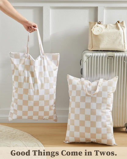 Checkered 2 Pcs Large Travel Laundry Bags for Dirty Clothes, Aesthetic Trendy Waterproof Washable Laundry Bag with Handle for Travel, Gym, Swimming Pool, Beige