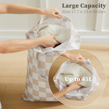 Checkered 2 Pcs Large Travel Laundry Bags for Dirty Clothes, Aesthetic Trendy Waterproof Washable Laundry Bag with Handle for Travel, Gym, Swimming Pool, Beige