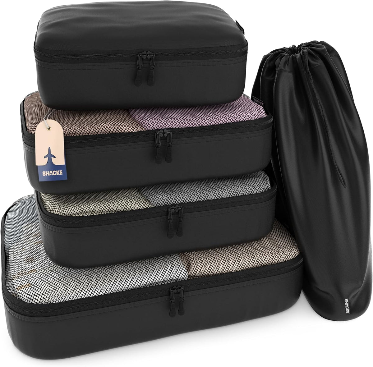 Packing Cubes for Travel with Laundry Bag (Air Black) | Suitcase organizer bags set: 4 water-resistant luggage cubes, XL to Small, + laundry bag for carry-on or checked