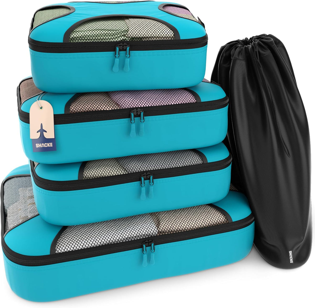 Packing Cubes for Travel with Laundry Bag (Air Black) | Suitcase organizer bags set: 4 water-resistant luggage cubes, XL to Small, + laundry bag for carry-on or checked