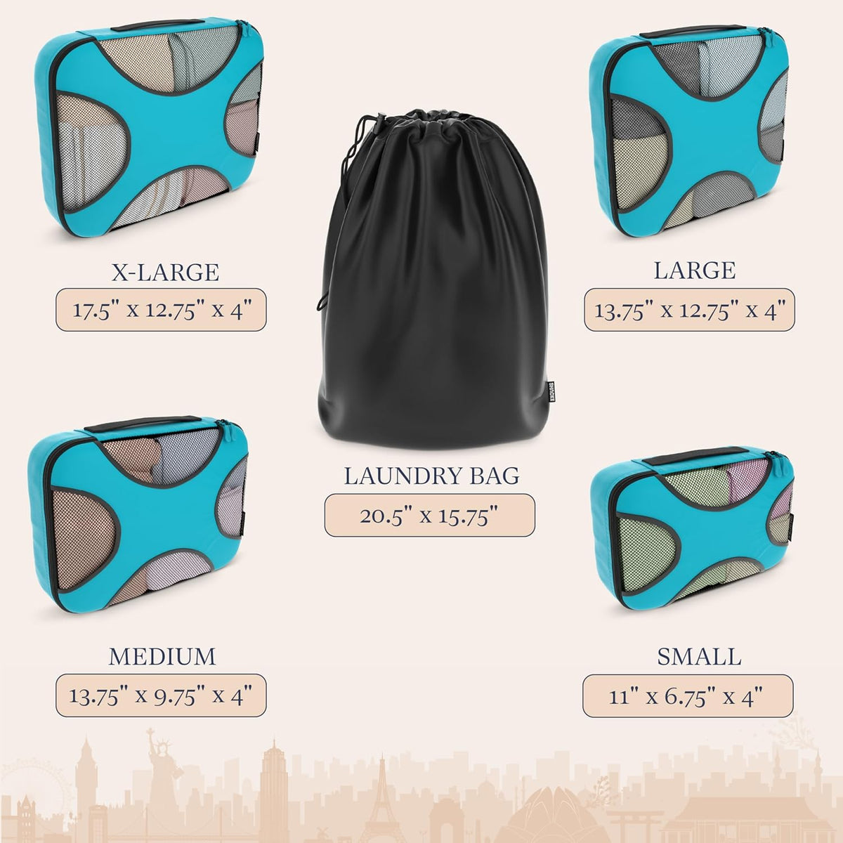 Packing Cubes for Travel with Laundry Bag (Air Black) | Suitcase organizer bags set: 4 water-resistant luggage cubes, XL to Small, + laundry bag for carry-on or checked