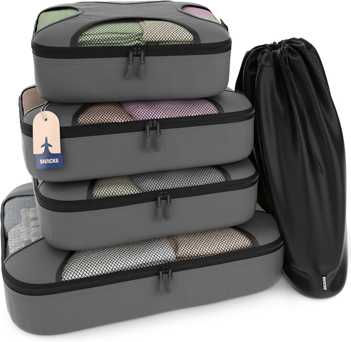 Packing Cubes for Travel with Laundry Bag (Air Black) | Suitcase organizer bags set: 4 water-resistant luggage cubes, XL to Small, + laundry bag for carry-on or checked