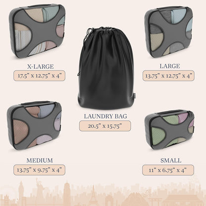 Packing Cubes for Travel with Laundry Bag (Air Black) | Suitcase organizer bags set: 4 water-resistant luggage cubes, XL to Small, + laundry bag for carry-on or checked