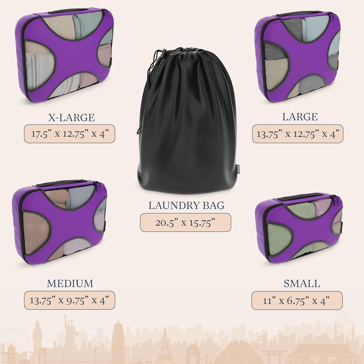 Packing Cubes for Travel with Laundry Bag (Air Black) | Suitcase organizer bags set: 4 water-resistant luggage cubes, XL to Small, + laundry bag for carry-on or checked