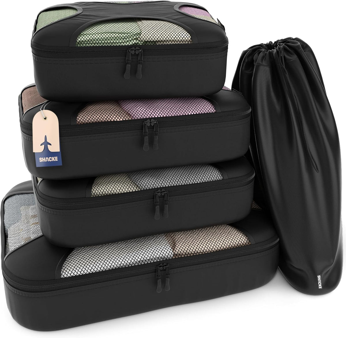 Packing Cubes for Travel with Laundry Bag (Air Black) | Suitcase organizer bags set: 4 water-resistant luggage cubes, XL to Small, + laundry bag for carry-on or checked