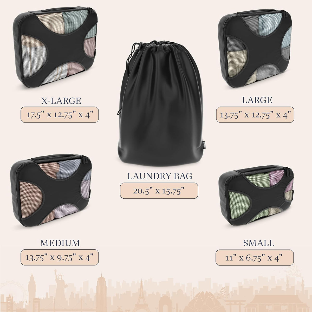 Packing Cubes for Travel with Laundry Bag (Air Black) | Suitcase organizer bags set: 4 water-resistant luggage cubes, XL to Small, + laundry bag for carry-on or checked